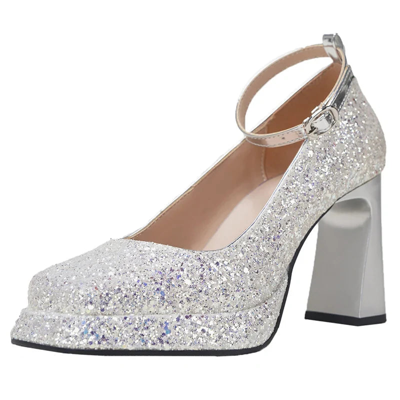 MQTIME  -  High Heels Silver Wedding Shoes Women 2024 New Fashion Ankle Buckle Platform Pumps Woman Luxury Sequins Glitter Mary Jane Shoes