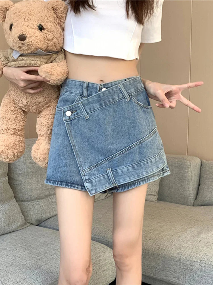 nvxiot Women's Clothing Vintage Irregular Army Green Denim Shorts Summer Streetwear Fashion High Waist A-Line Button Slim Pants Female