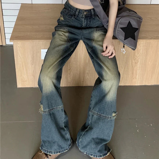 nvxiot Vintage Y2K Distressed Hole All Match Washed Jeans Women  Summer New High Waist Bleached Loose Casual Wide Leg Pants