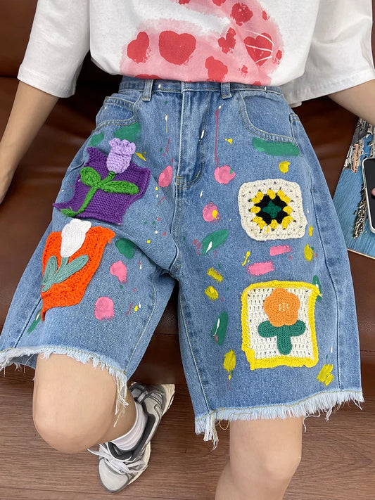 nvxiot  -   Knitted Floral Denim Short Pants Female Summer New Loose Casual Pants Tassel Design Vintage Fashion Short Para Mujeres