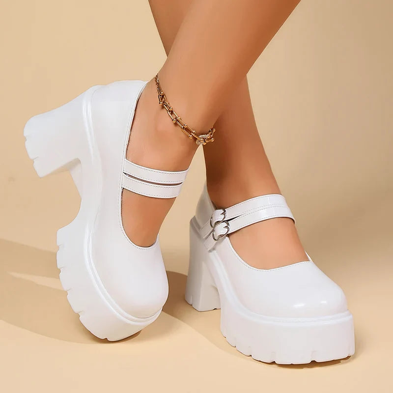 nvxiot  -  High Heels Chunky Mary Jane Shoes for Women 2024 Vintage Buckle Strap Platform Pumps Woman Pu Leather Thick Heeled Lolita Shoes