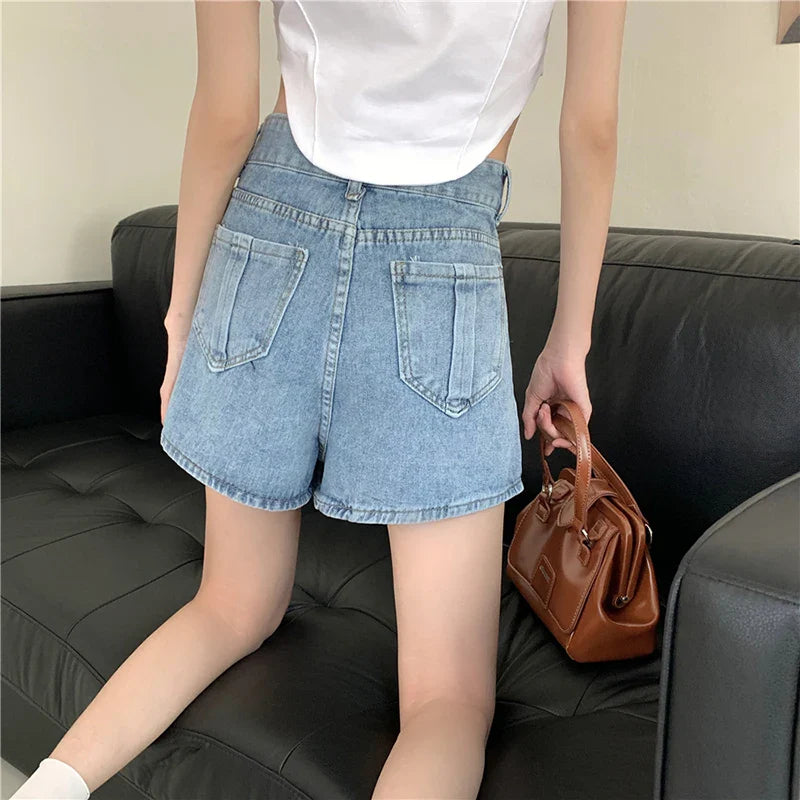 nvxiot Women's Clothing Vintage Irregular Army Green Denim Shorts Summer Streetwear Fashion High Waist A-Line Button Slim Pants Female