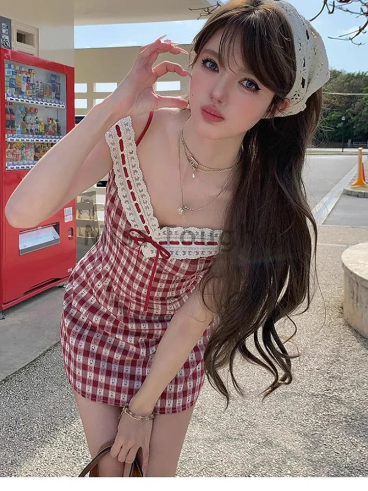 nvxiot Stylish Japanese Plaid Kawaii Strap Dress Women Lace New Korean Casual Y2K Mini Dress Female V-neck High Waist Cute Clothes 2024 Summer