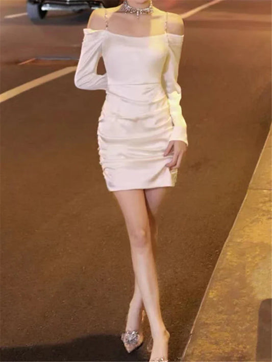 nvxiot-New 2024 Korean Style Sexy Satin Mini Dress for Women Long Sleeved Spring Summer Fashion Elegant Ladies Party Birthday Dresses