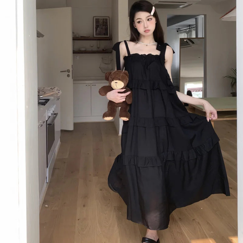 nvxiot  - Summer Korean Patchwork Solid Color Loose Sleeveless Slip Dress Femme Sweet Pleated Lacing Bow Princess Dress New Women Clothes