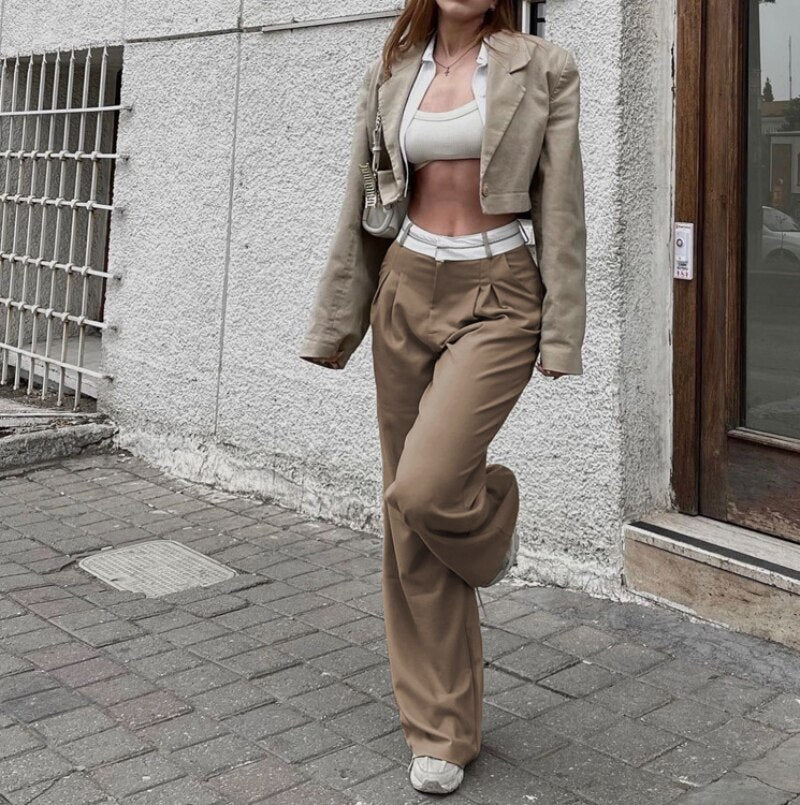 nvxiot Wide-leg Cargo Pants Women Streetwear 2023 Traf Y2k Stripe Harajuku High Waist Suit Pants Casual Loose Womens Trousers Clothing