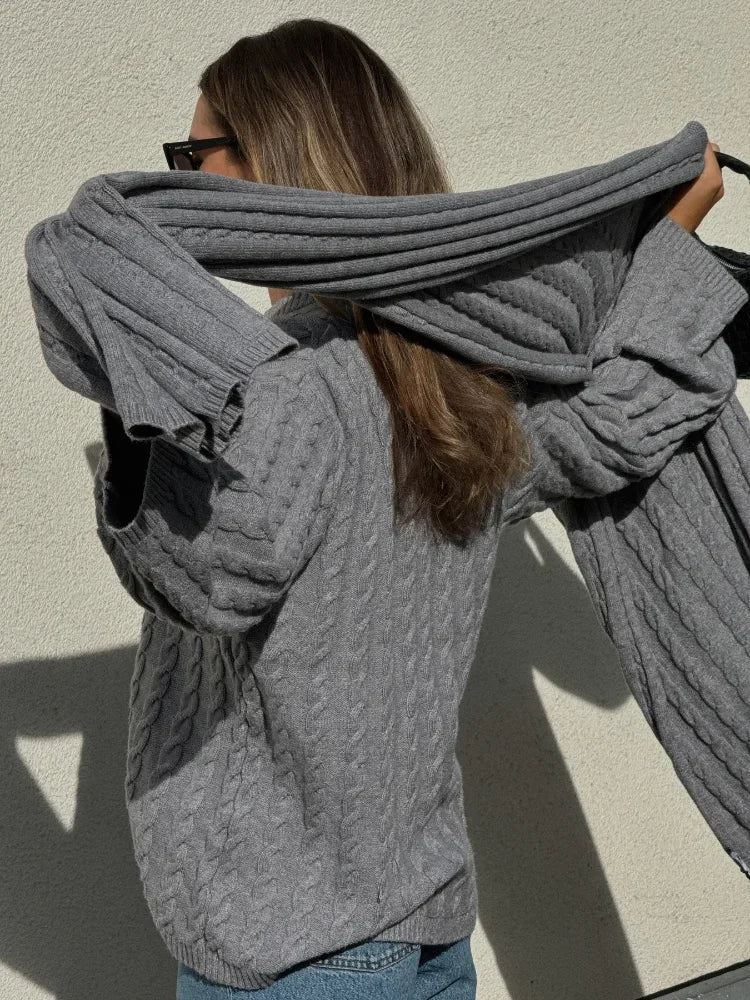 nvxiot  -  Autumn Solid Pleated Scarf Twisted Knitted Sweater Women Chic Long Flare Sleeve O-neck Knit Pullover 2024 Lady Streetwear