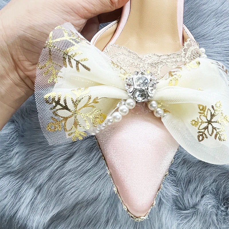 nvxiot Original Bride Vintage Lolita Flower Wedding High Heels Tea Party Flower Pointed Bow Tie Women's Shoes Wedding Shoes