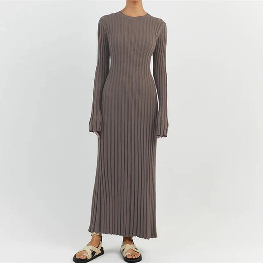 nvxiot 90s Vintage Tie Waist Dress Women Elegant Ribbed Knit Full Sleeve Maxi Dress Crew Neck Bodycon Pencil Long Dress Streetwear