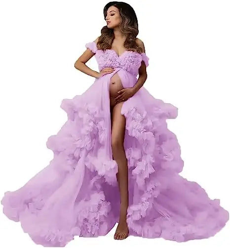 MQTIME  -   Sexy Maternity Gowns Photoshoot V Neck Ruffles A Line Sweep Train Tulle Pregnant Women Maternity Dresses for Photo Shoot