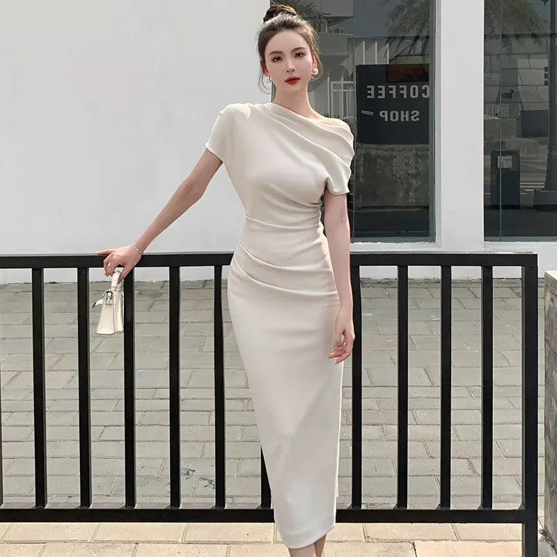 nvxiot-Elegant Chic Party Evening Dress for Women One Shoulder Folds Ladies Fashion Vintage Slim Long Bodycon Dresses Summer 2023