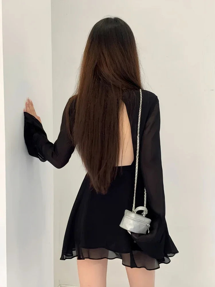 nvxiot Backless Black Dress Women Elegant Back Hollow Out Lace-up Long Sleeve Mesh Patchwork Sexy Slim Ruffle Mini Dress Party