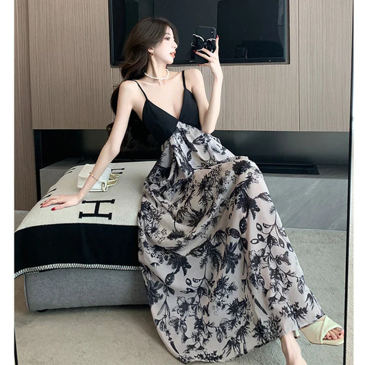 nvxiot  -  2024 Summer New Cool V-Neck Open Back Dress Ink New Chinese Sling Long Dress Women's Beach Vacation Style