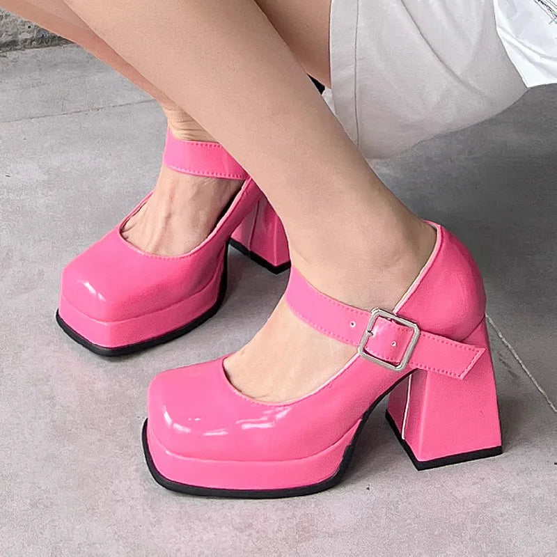 nvxiot Pink Black Red Heeled Women Pumps Mary Janes Shoes Square Toe White High Heels Female Working Party Dance Shoes 2024 Spring