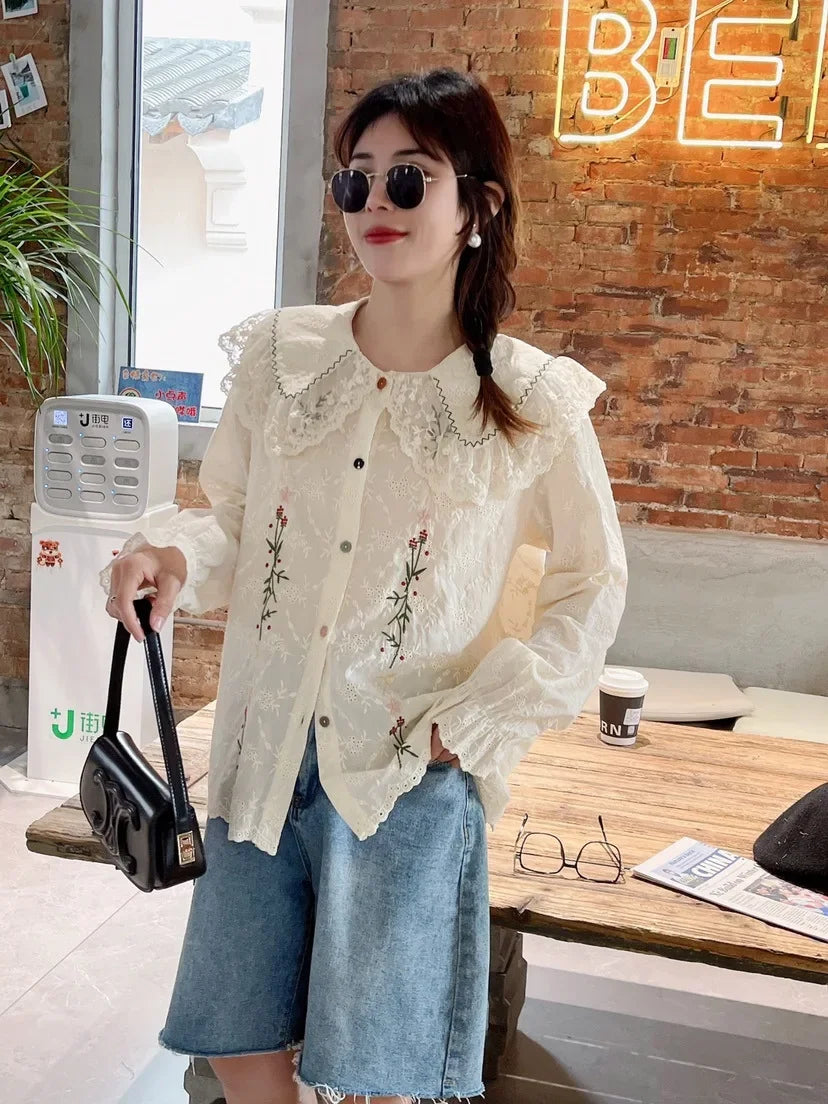 MQTIME  -   New Women Shirt Peter Pan Collar Vintage Style Basic Shirts Petal Sleeve Embroidery Boho Blusas Mujer Cotton Shirts Top