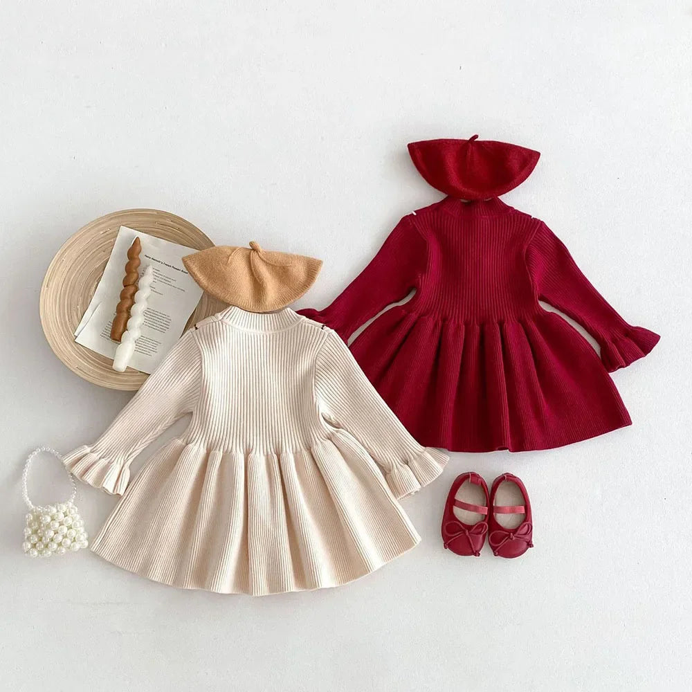 nvxiot  -   Autumn Girl's Knitted Dresses Children's Flare Sleeve Flower Sweater A-line Princess Dress Kid's Base Top Clothes