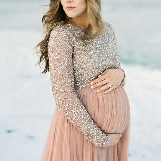 Pregnant Photography Dress Women Sequin Long Sleeve Crew Neck Tulle Long Dress Maternity Pregnant Women Dress For Photoshoots