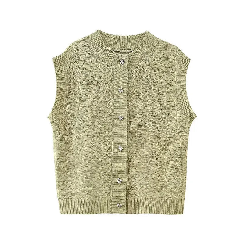 MQTIME  - Knitted Sleeveless Solid Vests Women Loose Casual O-Neck Green Single-Breasted Cardigan Female All-Matching Knit Sweater Outwear