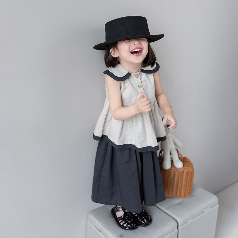 nvxiot Summer Girls College style Baby 2 Pcs Kids Pants+turn-down collar Shirt Children Clothes Fashion Cotton sleeveless blouse Set