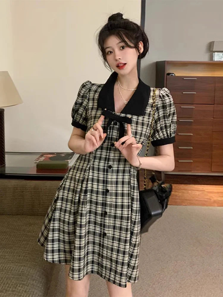 nvxiot  -  2024 Summer New Fashionable French Slimming Large Bow Bubble Sleeves Black and White Plaid Dress V-neck Short Skirt for women