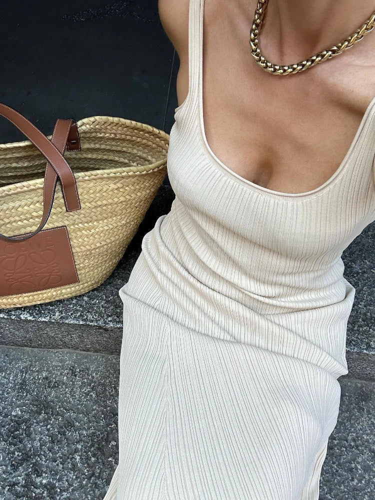 nvxiot Summer Knit Bodycon Maxi Dress for Women Elegant Sexy Deep U Neck Sleeveless Holiday Beach Party Dress 2024 Club Outfits