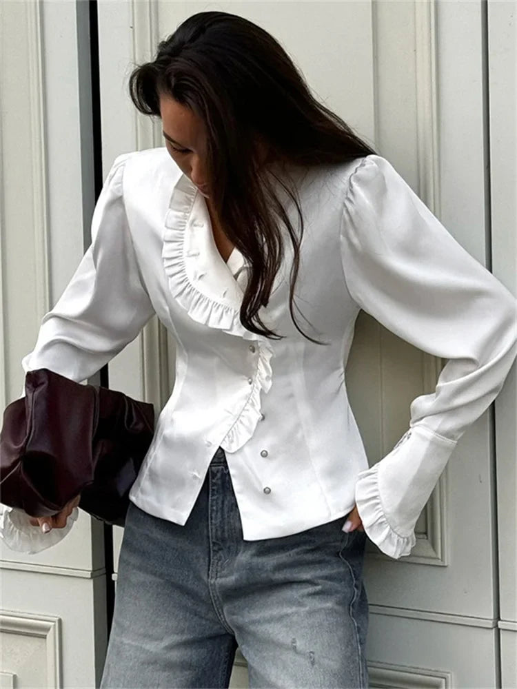 nvxiot  -  Fall Outfits 2024 White Ruffled Vintage Shirts For Women Patchwork V-Neck Long Sleeve Autumn 2024 Elegant Streetwear Female Cardigan Blouses