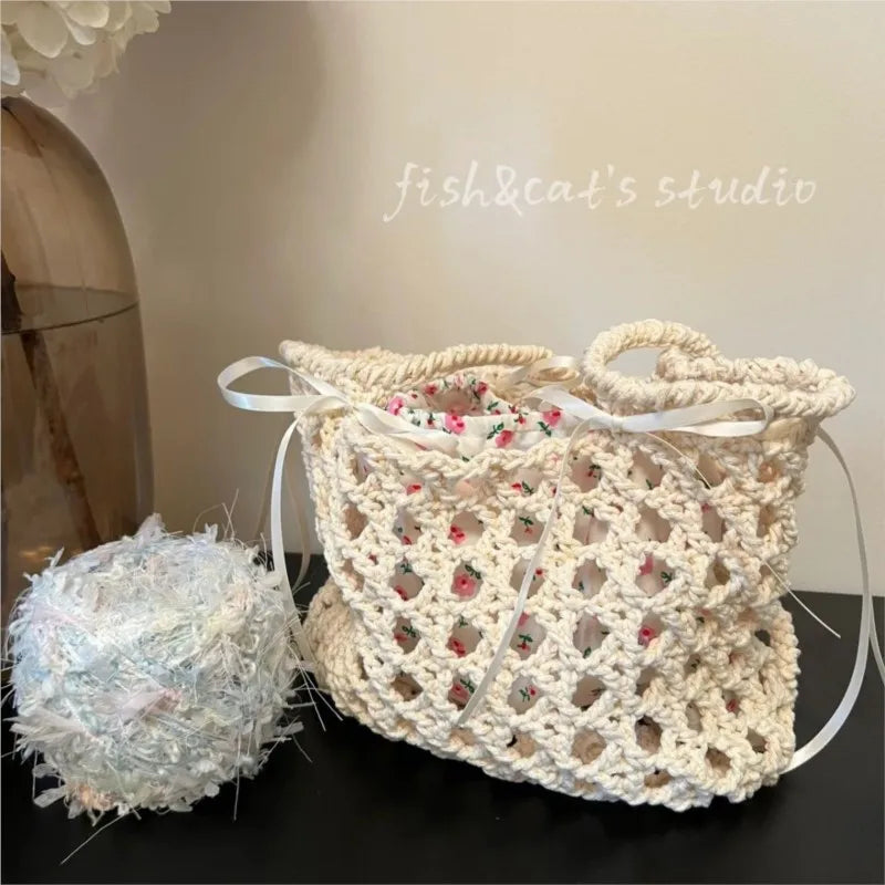 nvxiot  -  Fairycore Floral Straw Bag Purse Women Summer Holiday Large Capacity Woven Handbag Ladies Retro Cute Beach Bag Aesthetic
