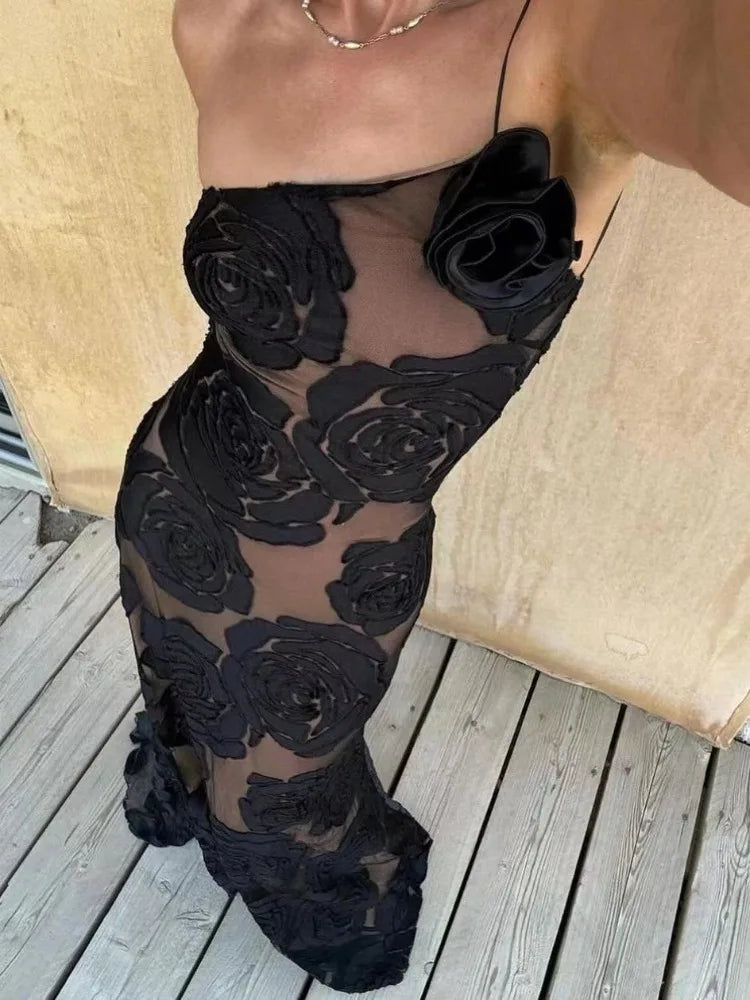 nvxiot-Elegant Floral Appliques Maxi Dress for Women Sexy One Shoulder Sheer Slim Party Dresses 2024 Fashion Holidays Club Party Dress