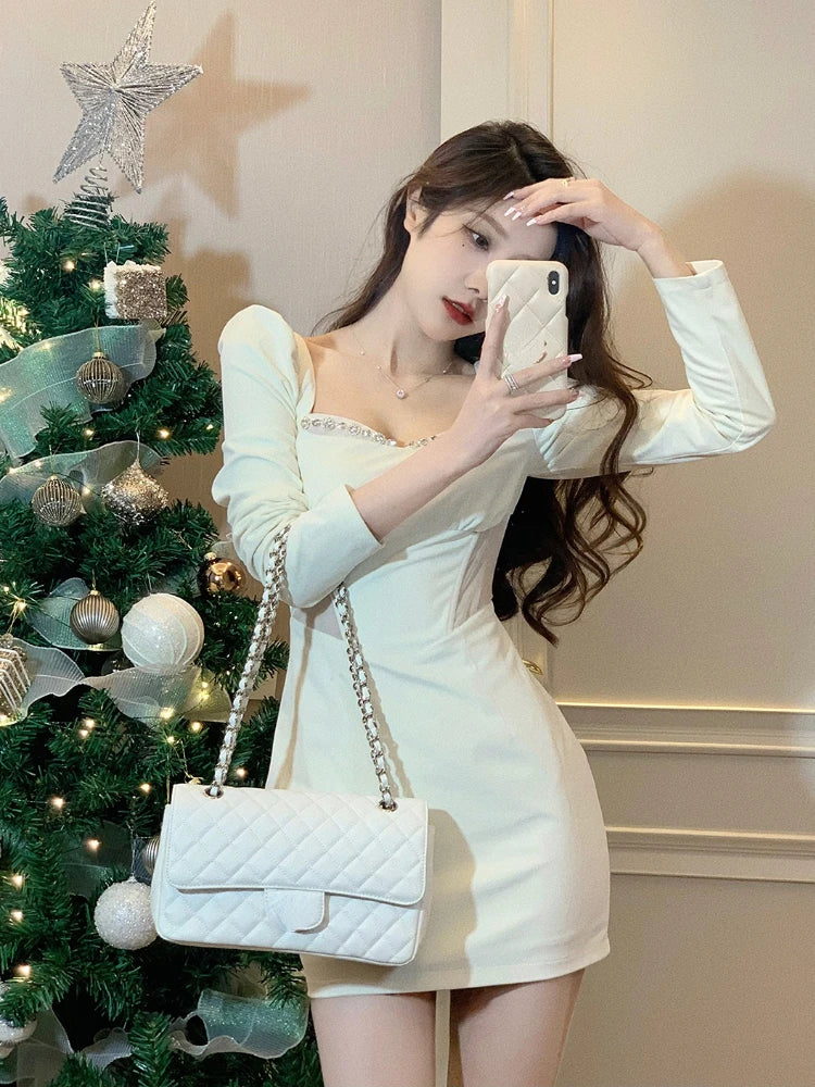 nvxiot-Spring Solid Elegant Dress Women Sexy Y2k Kawaii Mini Dress Female Casual Korean Fashion Long Sleeve Slim Party Dress 2024 New