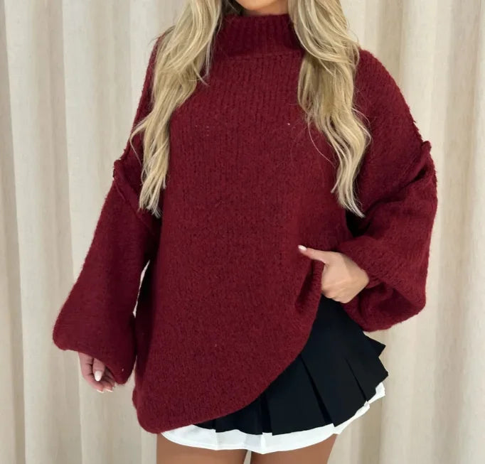 nvxiot  -  Red Solid Women's O Neck Long Sleeves Knit Sweater Pullover 2024 Autumn Chic Women Casual Loosen Sweater New Lady Warm Jumpers