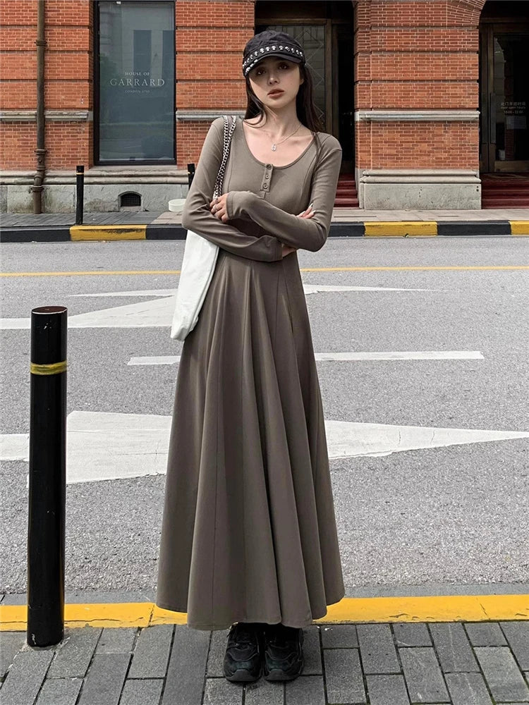 nvxiot-Elegant Black Knitted Midi Dresses for Women Autumn and Winter Fashion Solid Sweet Cute Slim Chic Vintage Female Long Dress