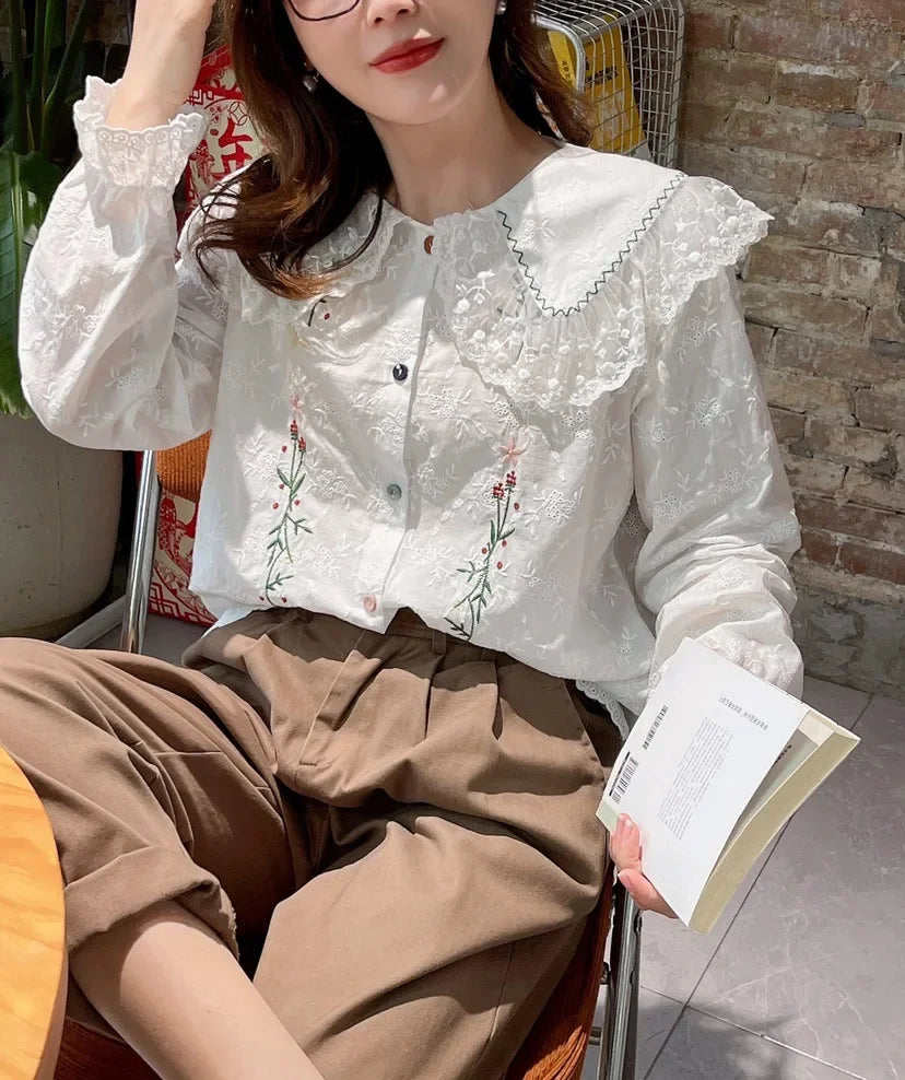 MQTIME  -   New Women Shirt Peter Pan Collar Vintage Style Basic Shirts Petal Sleeve Embroidery Boho Blusas Mujer Cotton Shirts Top