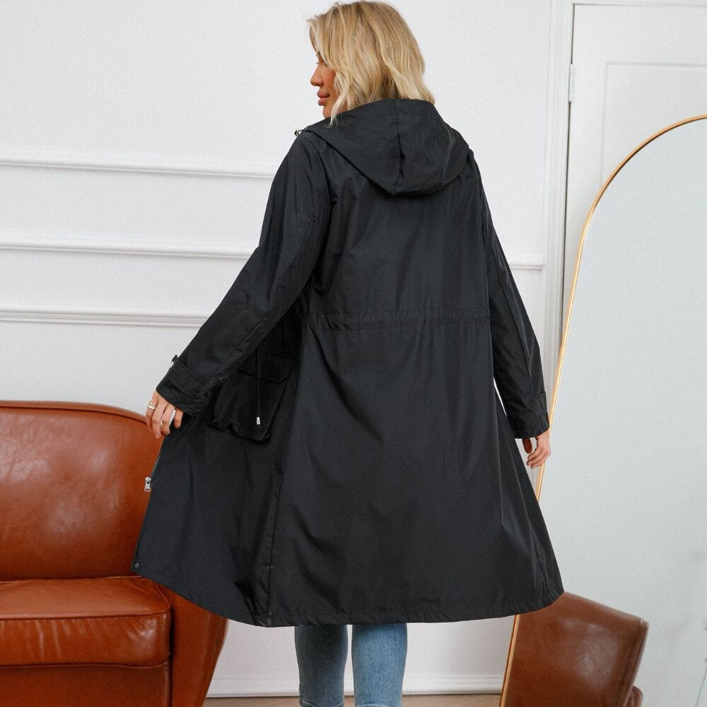 nvxiot New Spring and Autumn Waterproof Long Trench Coats Fashion Loose Thin Coat Women Zipper Long-sleeved Hooded Jacket Cappotti