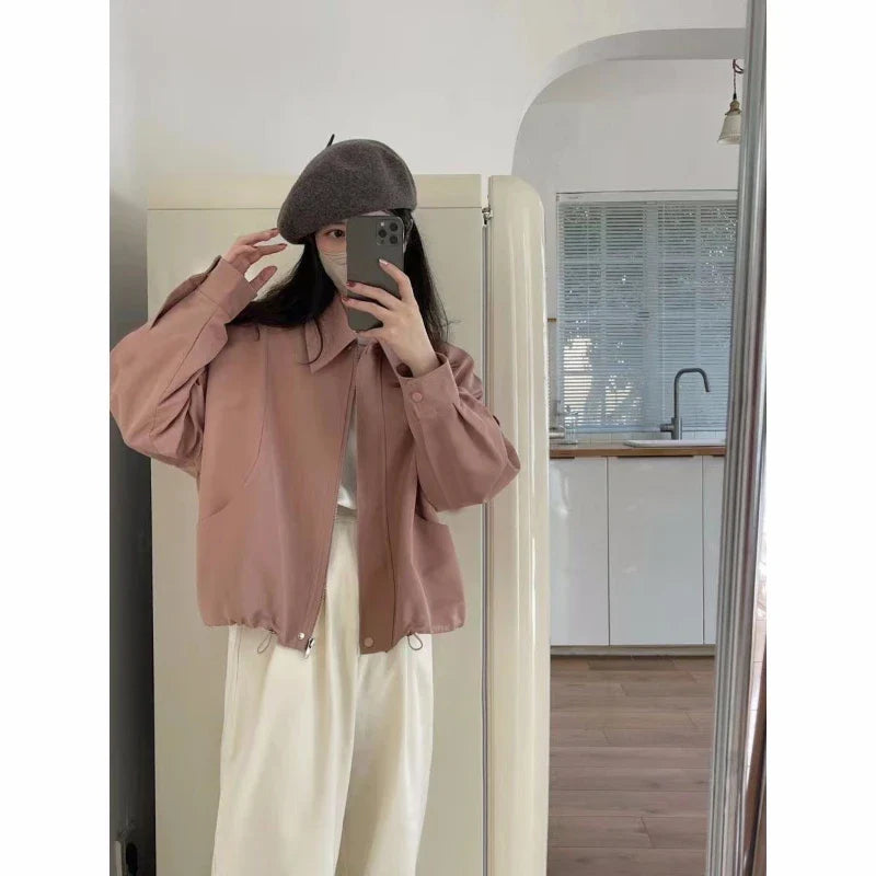 nvxiot stylish dress 2024 Spring and Summer New Casual Jacket Women  Korean Fashion Simple Drawstring Retro Lapel Loose Thin Jacket Solid Outerwear