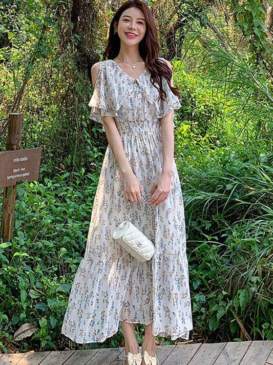 MQTIME  - Summer Floral Chiffon Ruffled Off Shoulder Casual Dress Women Fashion Chic Elegant Beach Long Dress 2024 Korean Bodycon Vestidos