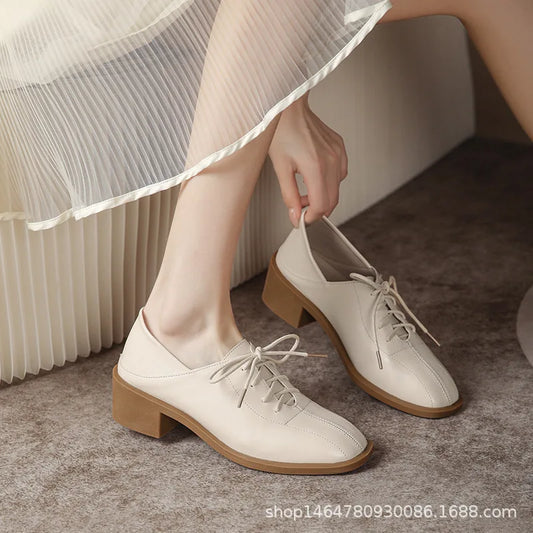 MQTIME -  Lace up thick heel shoes for spring and autumn wear, deep cut high heels, gentle fairy style soft leather shoes for women