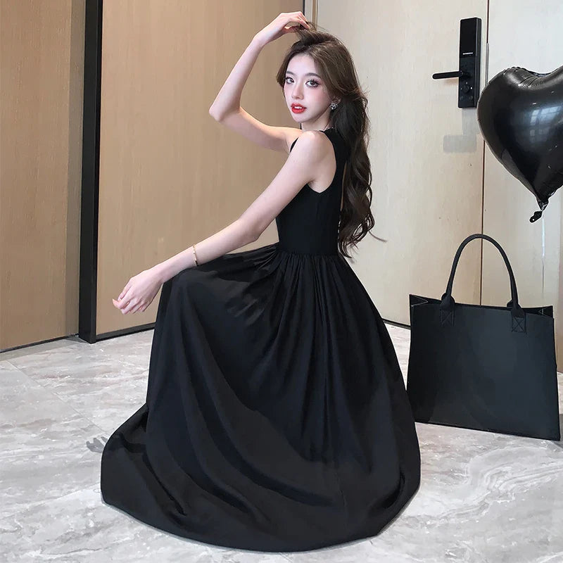 MQTIME  -  2024 Summer Style Open Back Dress with Black Hepburn Style, High end, Slim Fit, Beach Vacation Solid Color Long Dress for Women