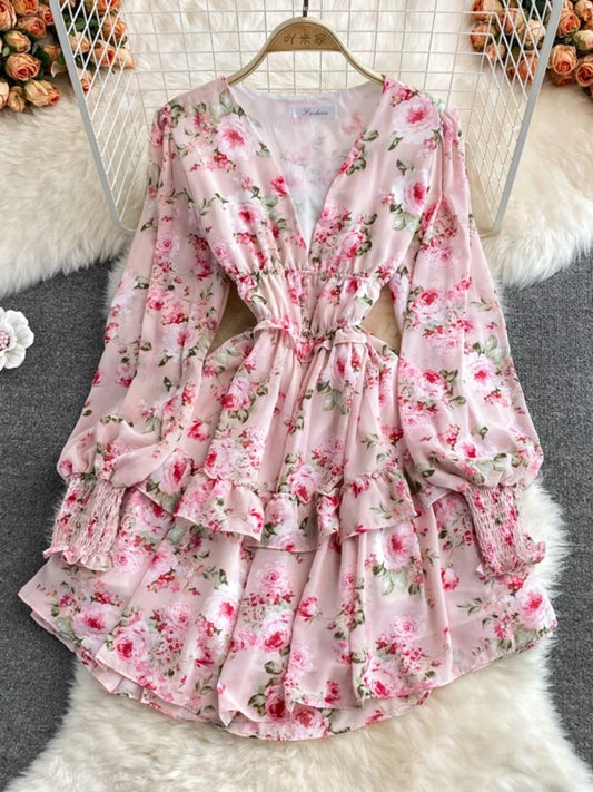 nvxiot  -  Women Ruffles Boho Dress Spring Autumn Elegant French Lantern Long Sleeve Beach Chiffon Dresses Woman Vintage Short Dress