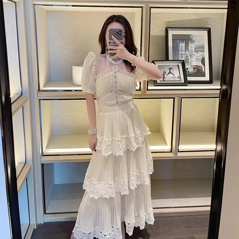 nvxiot Summer Fashion Layer Ruffles Cake Dress Women Flower Embroidery Lace Chiffon Dresses Female Prom Evening Party Night Luxury