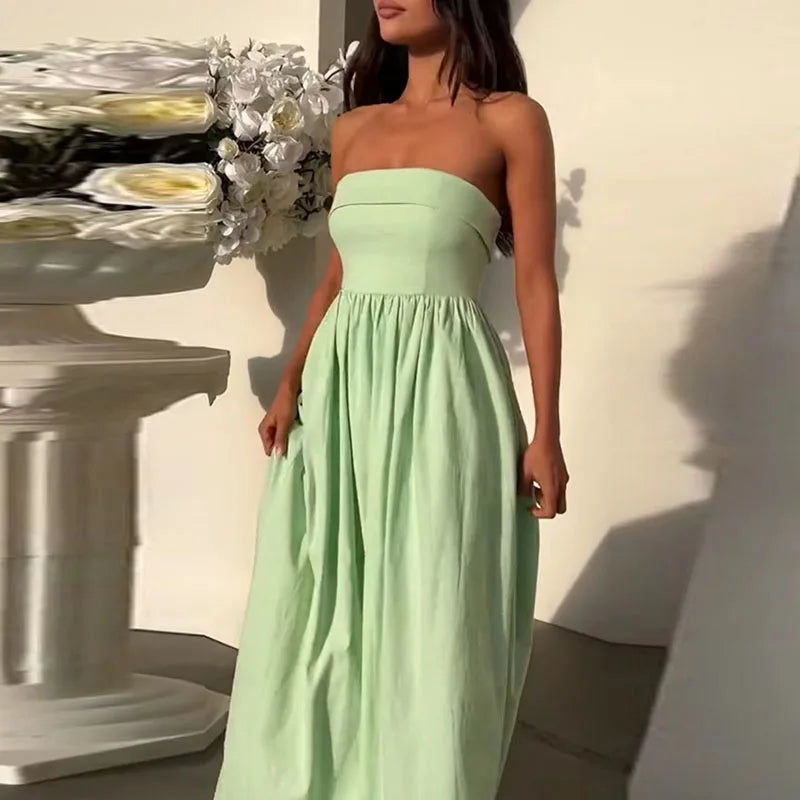 nvxiot  -  Elegant Women's Off Shoulder Pleated Dress Fashion Sleeveless Solid Color Long Dress Sexy Strapless High Waist Party Dress