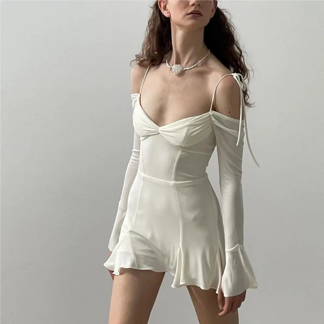 nvxiot Long sleeve dresses for women 2024 Summer dress korean fashion mini dress elegant white kawaii clothes evening dresses backelss