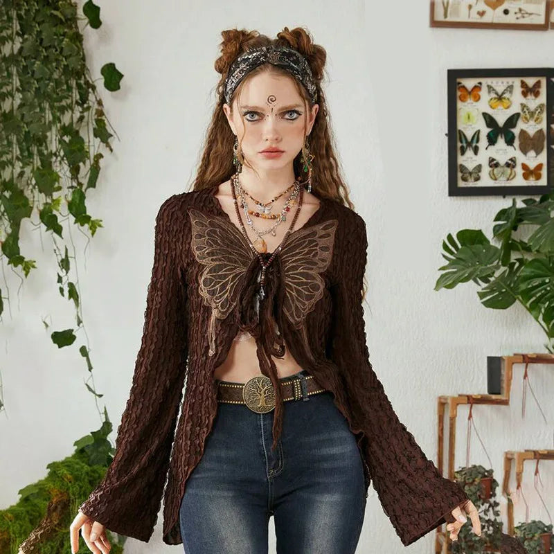 nvxiot  - Retro Butterfly Print Cardigan Women's Flare Sleeved Texture Gypsy T-shirts Straps Mori Girl Vintage Slim Knitted Sweater Mujer