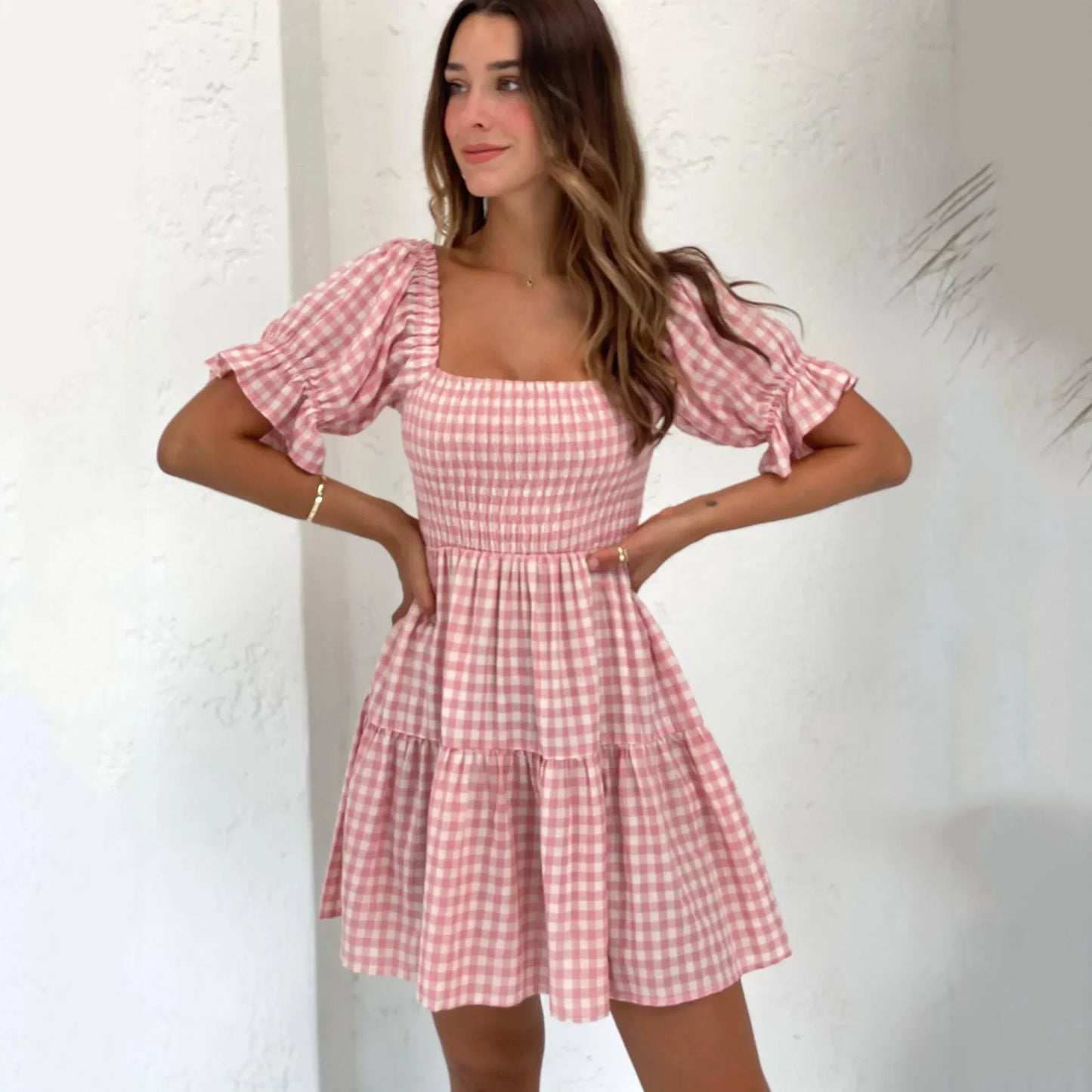 nvxiot Square Collar Gingham Printed Women Casual Summer Short Dress Puff Sleeve A-line Pink Cute Fashion Outfit Vestidos