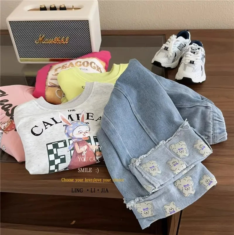 nvxiot  -  Spring Autumn Korean Children Girl Jeans Pant Cotton Elastic Waist Bear Hem Kid Girl Trouser Solid Casual Kid Girl Wide Leg Pant