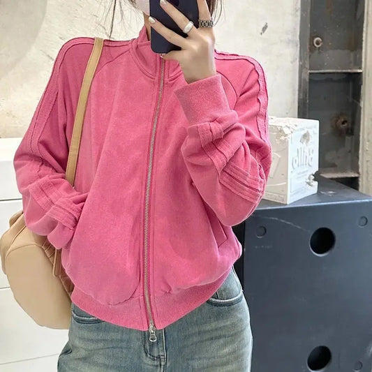 nvxiot -  Womens Casual Vintage Pink Jackets Fashion Korean Double Zipper Jacket Chaquetas Loose All Match Pink Y2k Aesthetic Coats