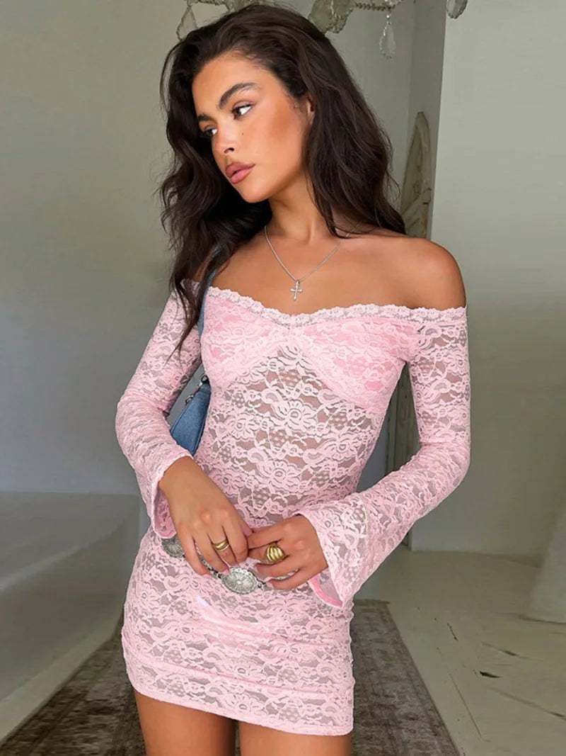 nvxiot New Fashion Slash Neck Long Sleeve Short Lace Dress Streetwear Sexy Summer Off Shoulder See-through Bodycon Pink Evening Dresses