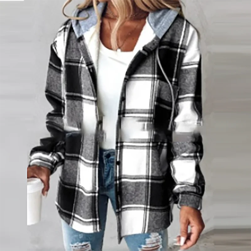 MQTIME  -  2024 Autumn Plaid Printed Women's Jacket Casual Streetwear Long Sleeved Hooded Coat Fashion Single Breasted Commuting Outerwear