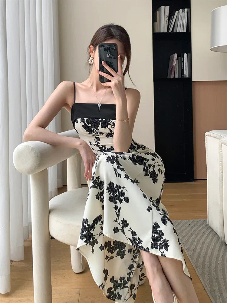 nvxiot-New Summer 2023 Long Print Dress for Women Korean Elegant Fashion Sexy Sleeveless Spaghetti Strap Evening Female Clothes