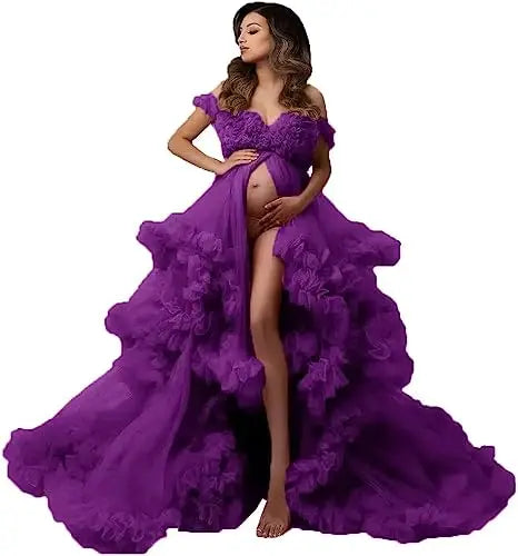 MQTIME  -   Sexy Maternity Gowns Photoshoot V Neck Ruffles A Line Sweep Train Tulle Pregnant Women Maternity Dresses for Photo Shoot