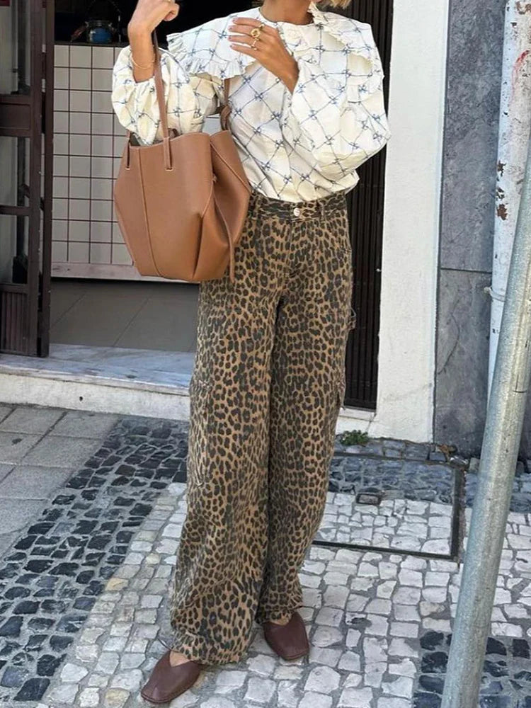 nvxiot  -  Fashion Leopard Printed Long Pants Women 2024 Spring Summer Slim Pocket High-waist Casual Straight-pants Female Commuter Clothes